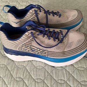 Hoka Cream and Blue Running Shoes